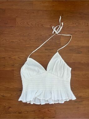La Hearts White Smocked Halter Ruffle Crop Top